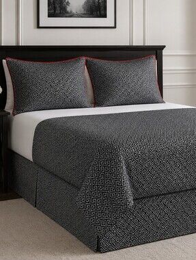 Whole Home Black Silver Geometric Patterned Red Trim Queen 2 Shams And Bed Skirt